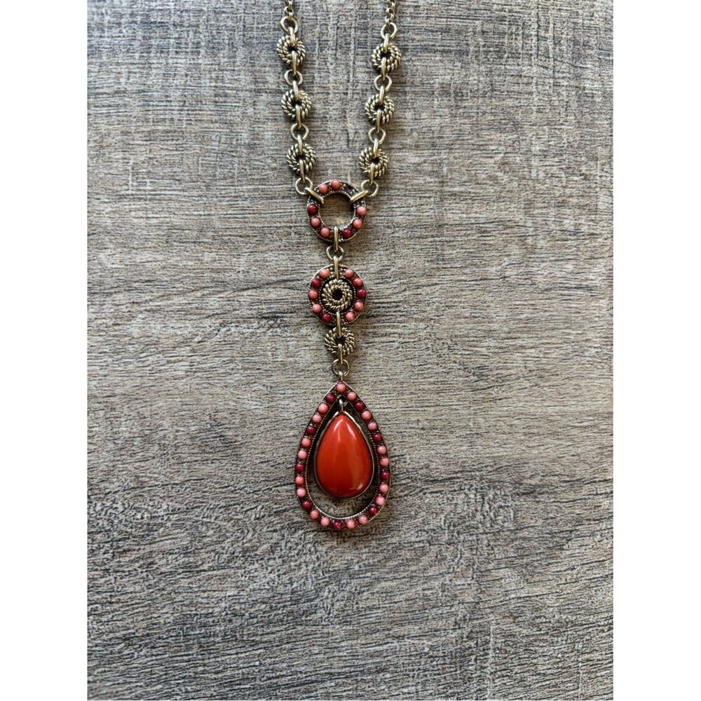 Monet women’s coral orange and gold color teardrop pendant Y mental necklace